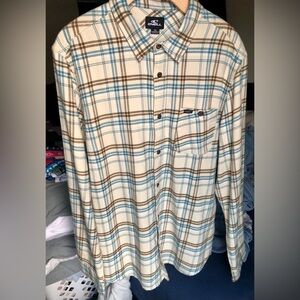 New O'Neill Men's Cream Blue Brown Plaid Flannel Long Sleeve Shirt Size XL